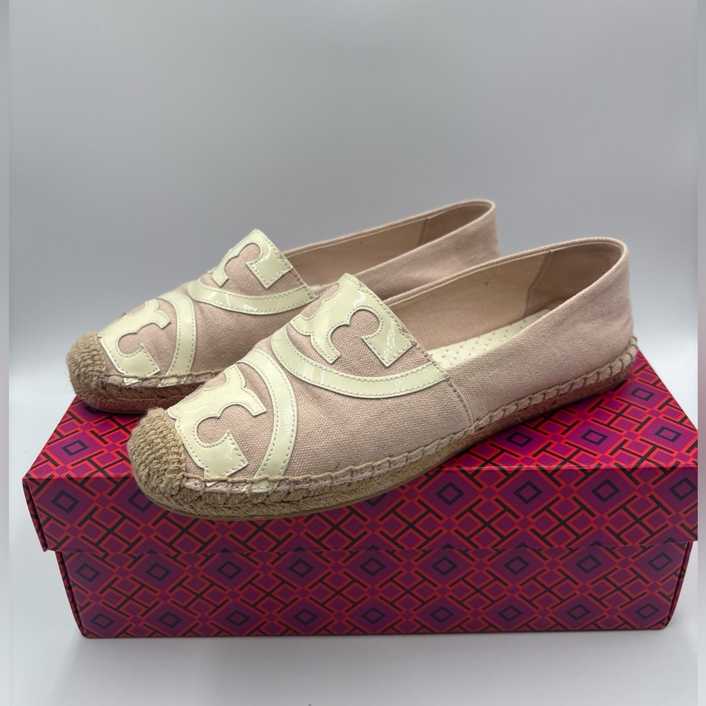 Tory Burch Poppy Espadrille Flats Pink Canvas Double T Logo Size 7.5